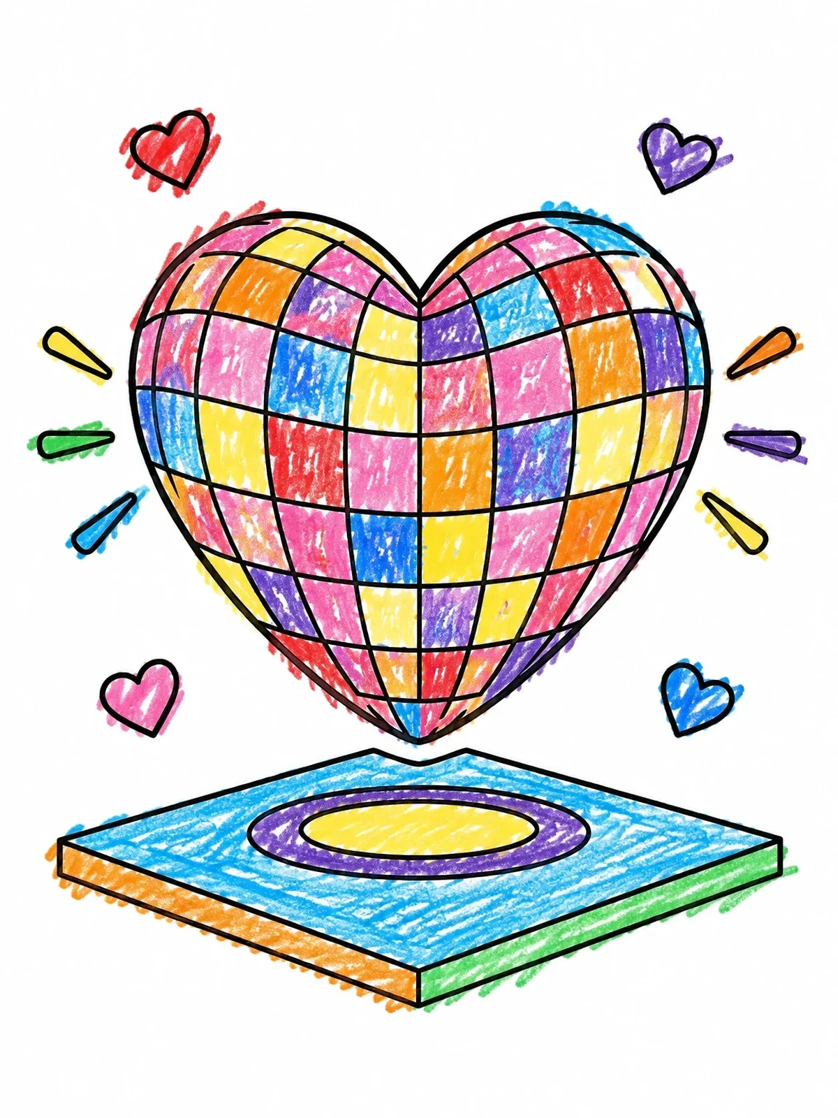 Colored example of the 3d Wireframe Floating Heart coloring page