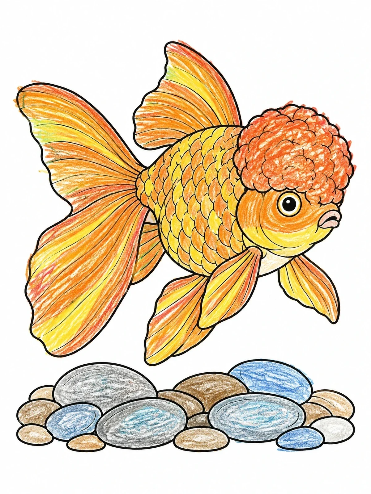 Colored example of the Oranda Goldfish Above River Stones coloring page