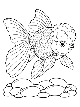 An ornate oranda goldfish coloring page swimming above rounded pebbles.