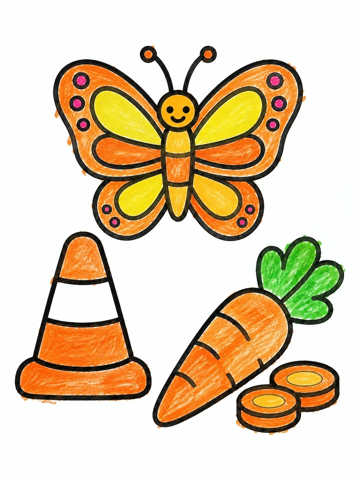 Colored example of the Cute Butterfly, Traffic Cone, And Carrot coloring page