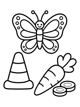 Free printable Cute Butterfly, Traffic Cone, And Carrot coloring page