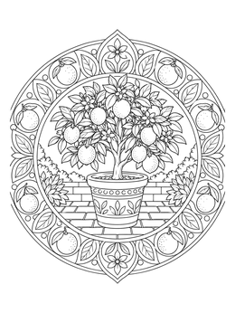 Detailed orange coloring page showing a potted dwarf citrus tree framed by an ornate circular mandala border.
