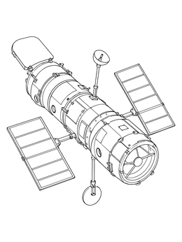 Detailed space coloring page featuring an orbital observatory telescope.