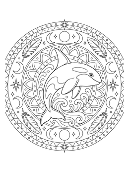 An intricate orca whale coloring page centered within an ornate celestial mandala.