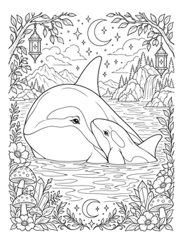 An orca whale coloring page showing a mother killer whale swimming with her calf in a magical night landscape.
