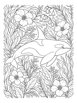 An intricate orca whale coloring page surrounded by blooming flowers and lush leaves.