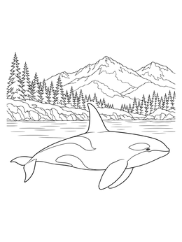 A realistic orca whale coloring page swimming along a scenic shore with pine trees and mountains.