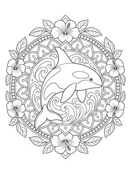 An intricate orca whale coloring page featuring hibiscus flowers and mandala patterns.
