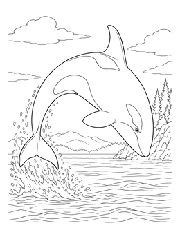 An orca whale coloring page showing a killer whale leaping above scenic coastal waters.