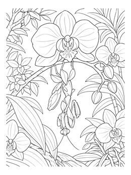 An orchid mantis hangs from a stem in this detailed orchid coloring page.