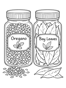 Oregano and bay leaves jars in a detailed herb coloring page.