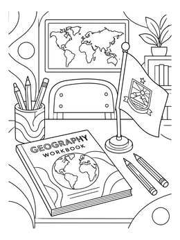 A classroom study desk setup in an Oregon coloring page featuring pencils, a workbook, and a desk flag.