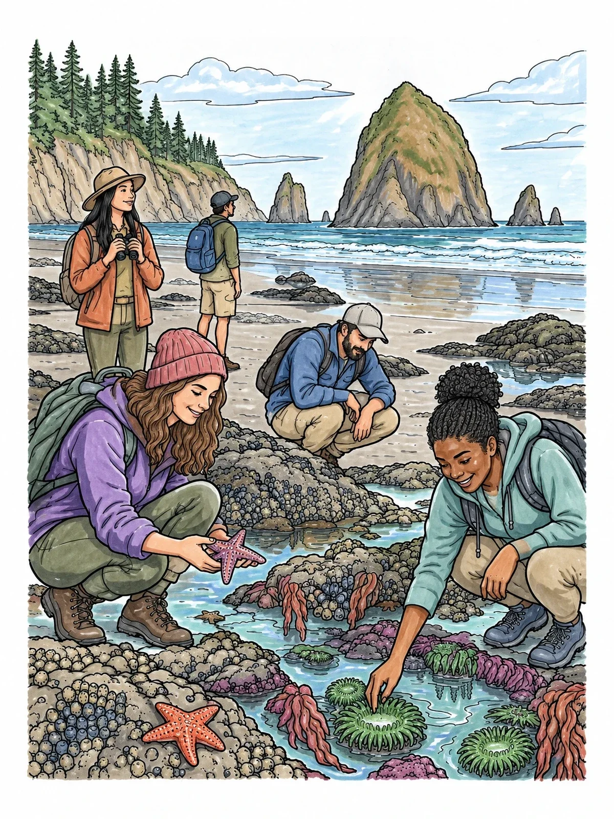 Colored example of the Oregon Coast Tide Pools Exploration coloring page