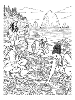 Hikers examine marine life in tide pools on an oregon coloring page featuring coastal sea stacks.