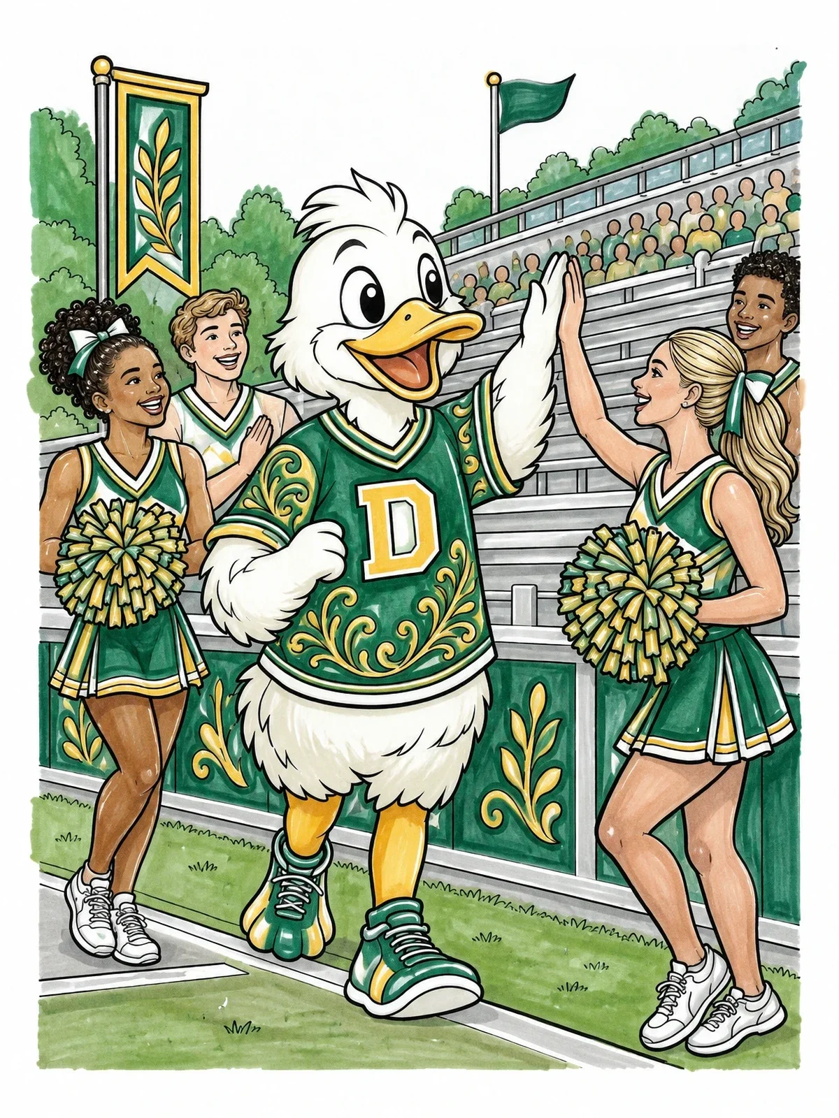 Colored example of the Duck Mascot High Five With Cheerleaders coloring page