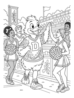 A cheerful duck mascot high-fives a cheerleader on this oregon coloring page.