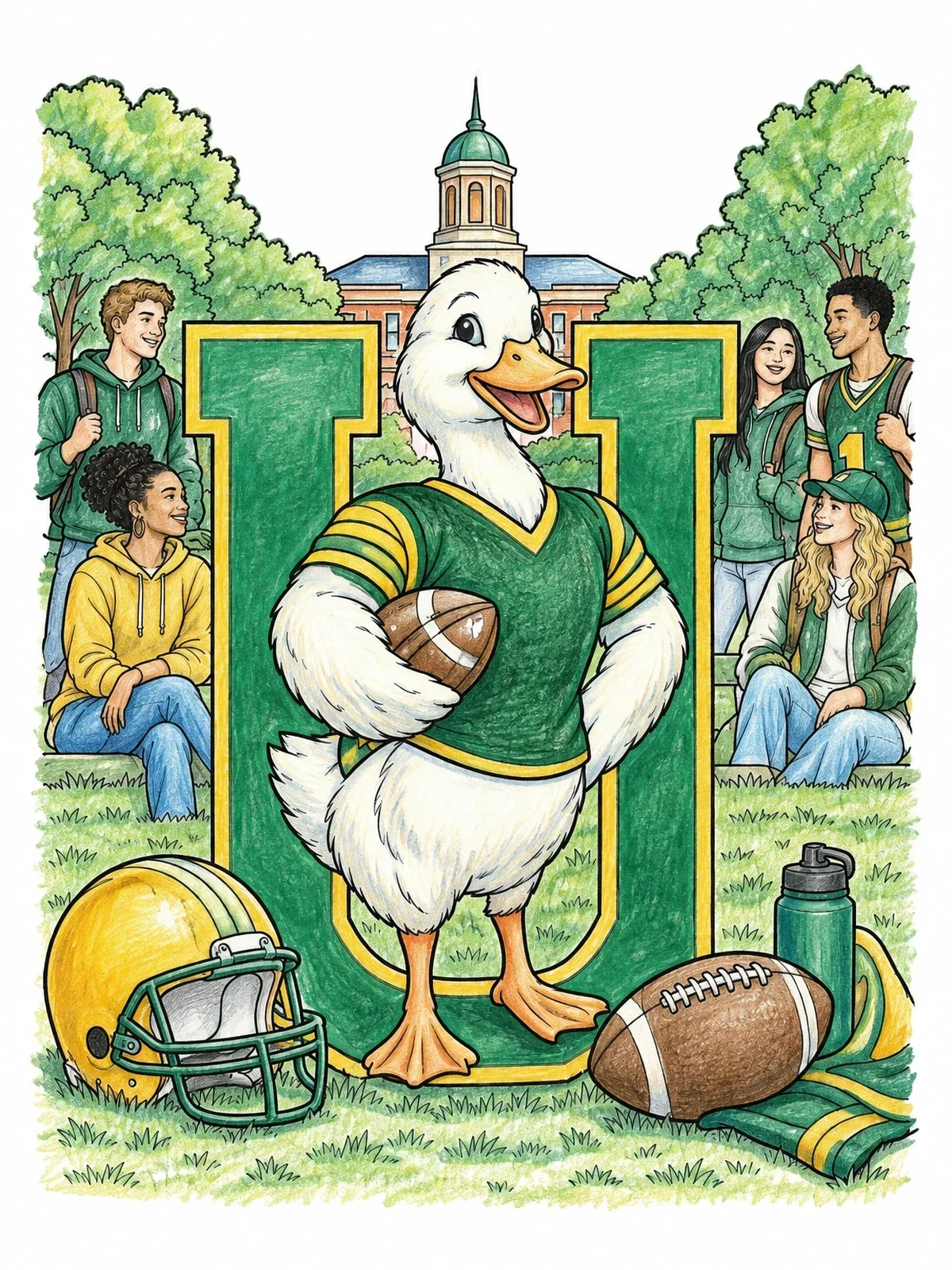 Colored example of the Oregon College Duck Mascot With Students coloring page