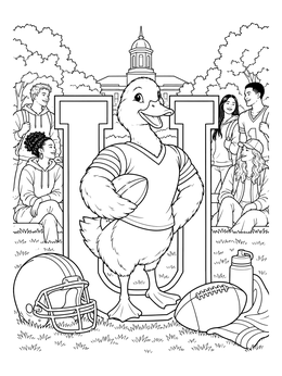 An oregon coloring page featuring a duck mascot with college football gear and students.