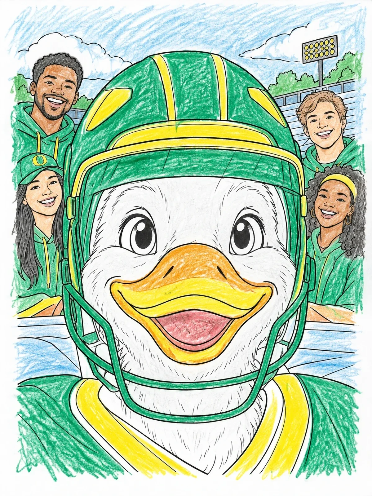 Colored example of the Smiling Oregon Duck Mascot In Football Helmet coloring page