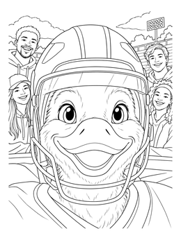 A smiling duck mascot wearing a football helmet on this oregon coloring page.