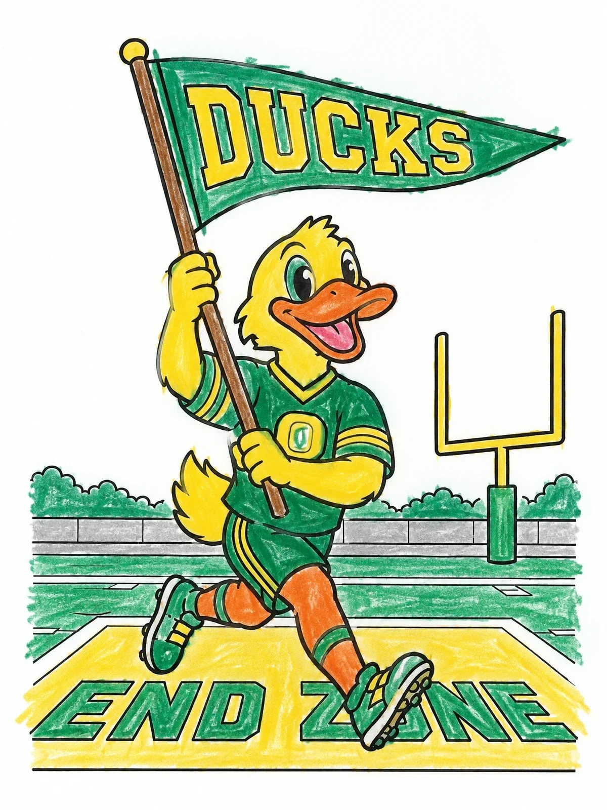 Colored example of the Oregon Duck Mascot With Pennant coloring page