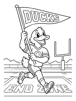 Cheering duck mascot on an Oregon coloring page running across the football field.