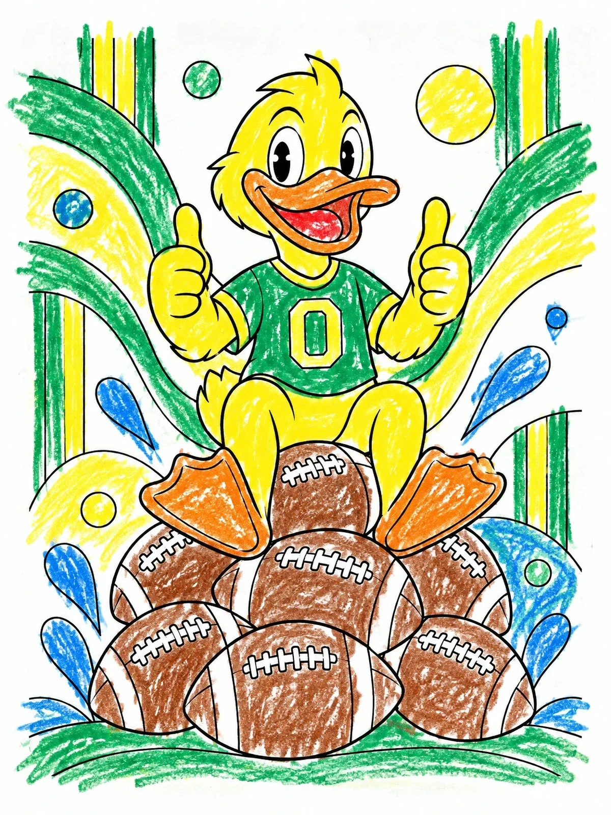 Colored example of the Oregon Duck Mascot On Footballs coloring page