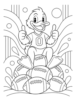 Cartoon duck giving thumbs up on footballs in an oregon coloring page.