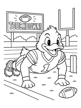 A duck mascot doing pushups after a touchdown in this Oregon coloring page.