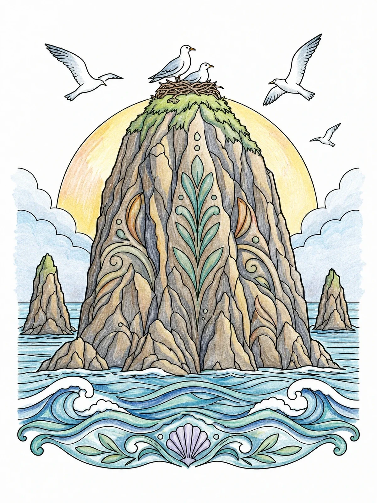 Colored example of the Haystack Rock With Nesting Birds coloring page