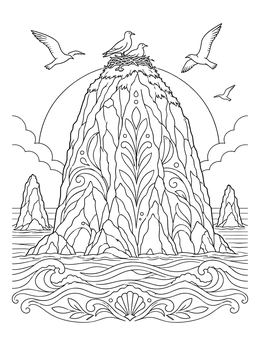 An ornate oregon coloring page featuring coastal sea stacks, ocean waves, and seabirds.
