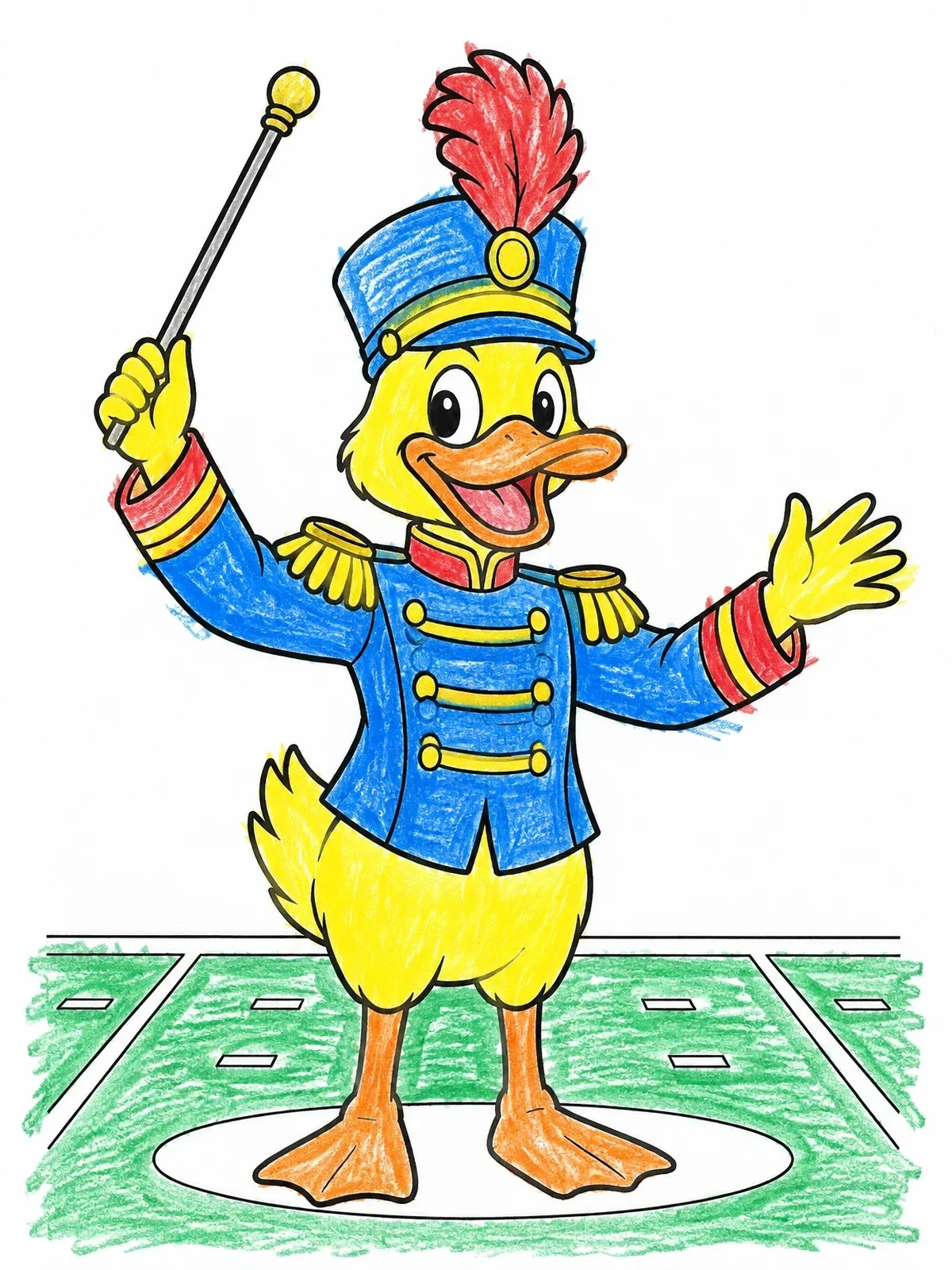 Colored example of the Marching Band Duck Mascot coloring page