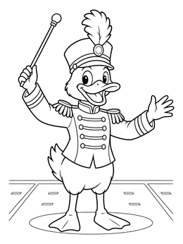 A cheerful duck drum major leads the band on this fun Oregon coloring page.