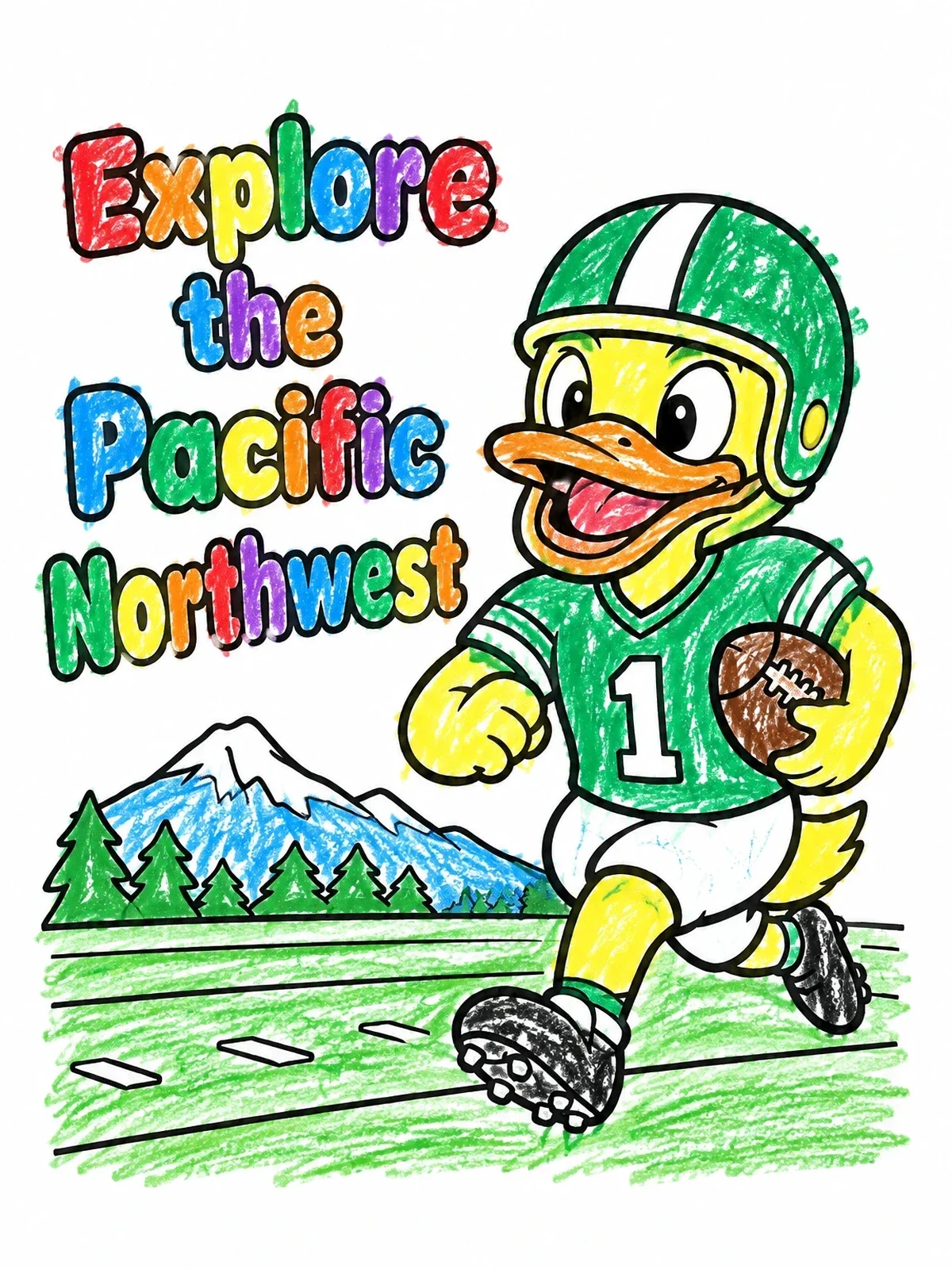 Colored example of the Pacific Northwest Football Duck Mascot coloring page