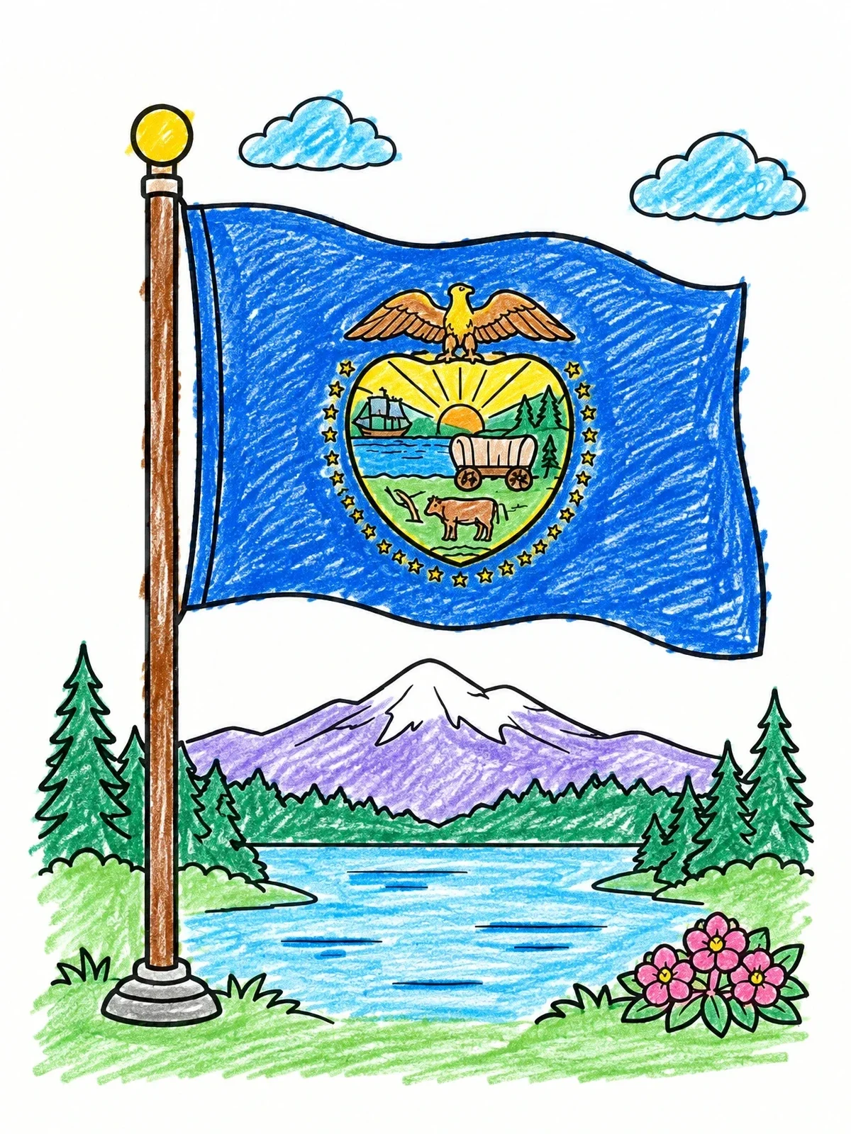 Colored example of the Oregon State Flag With Mountain Landscape coloring page
