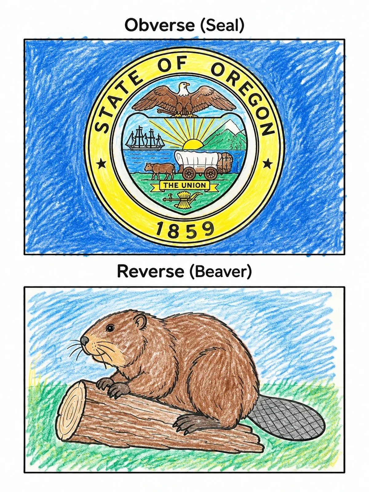 Colored example of the Oregon State Flag Symbols Comparison coloring page