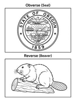 Two panels display the state seal and a beaver on a log in this oregon coloring page.