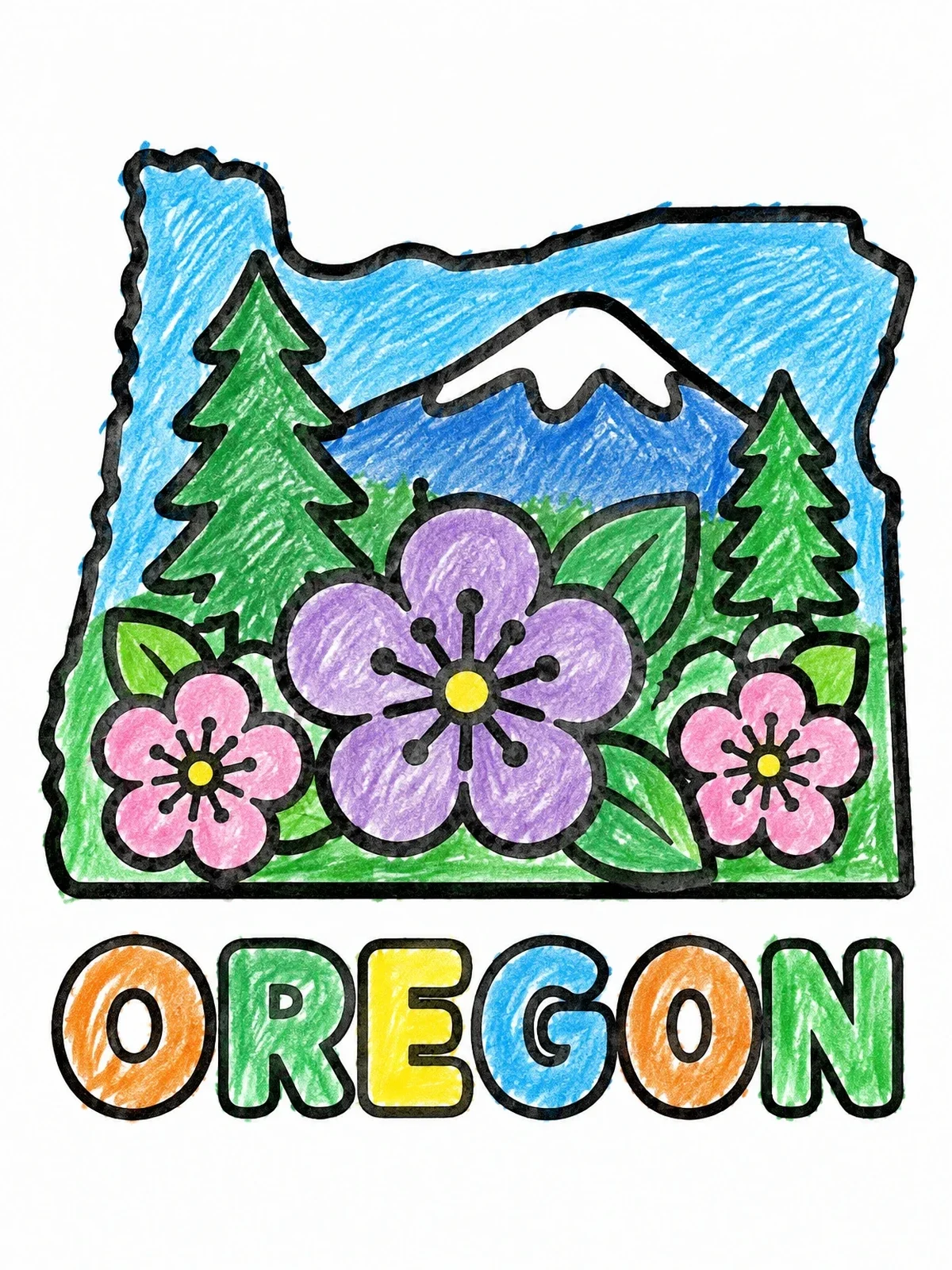 Colored example of the Oregon State Outline With Mountain And Flowers coloring page
