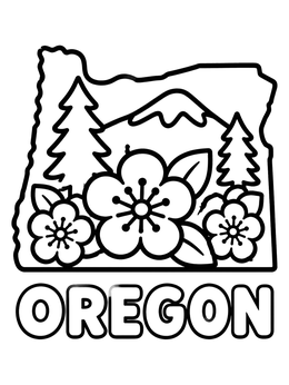 Free printable Oregon State Outline With Mountain And Flowers coloring page
