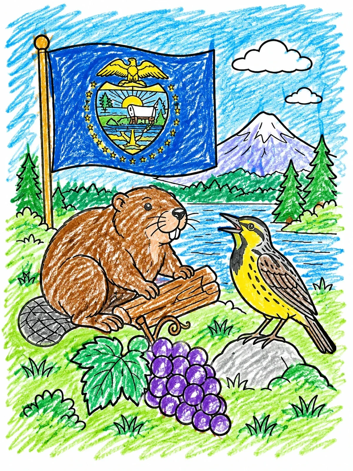 Colored example of the Oregon State Symbols With Beaver And Meadowlark coloring page