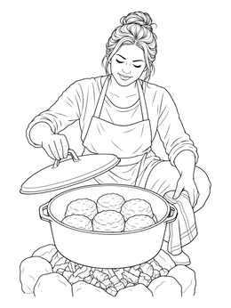 A woman lifts a pot lid to check fresh biscuits in this oregon trail coloring page.
