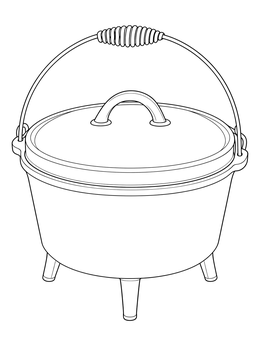 A cast iron Dutch oven with lid on this Oregon Trail coloring page.