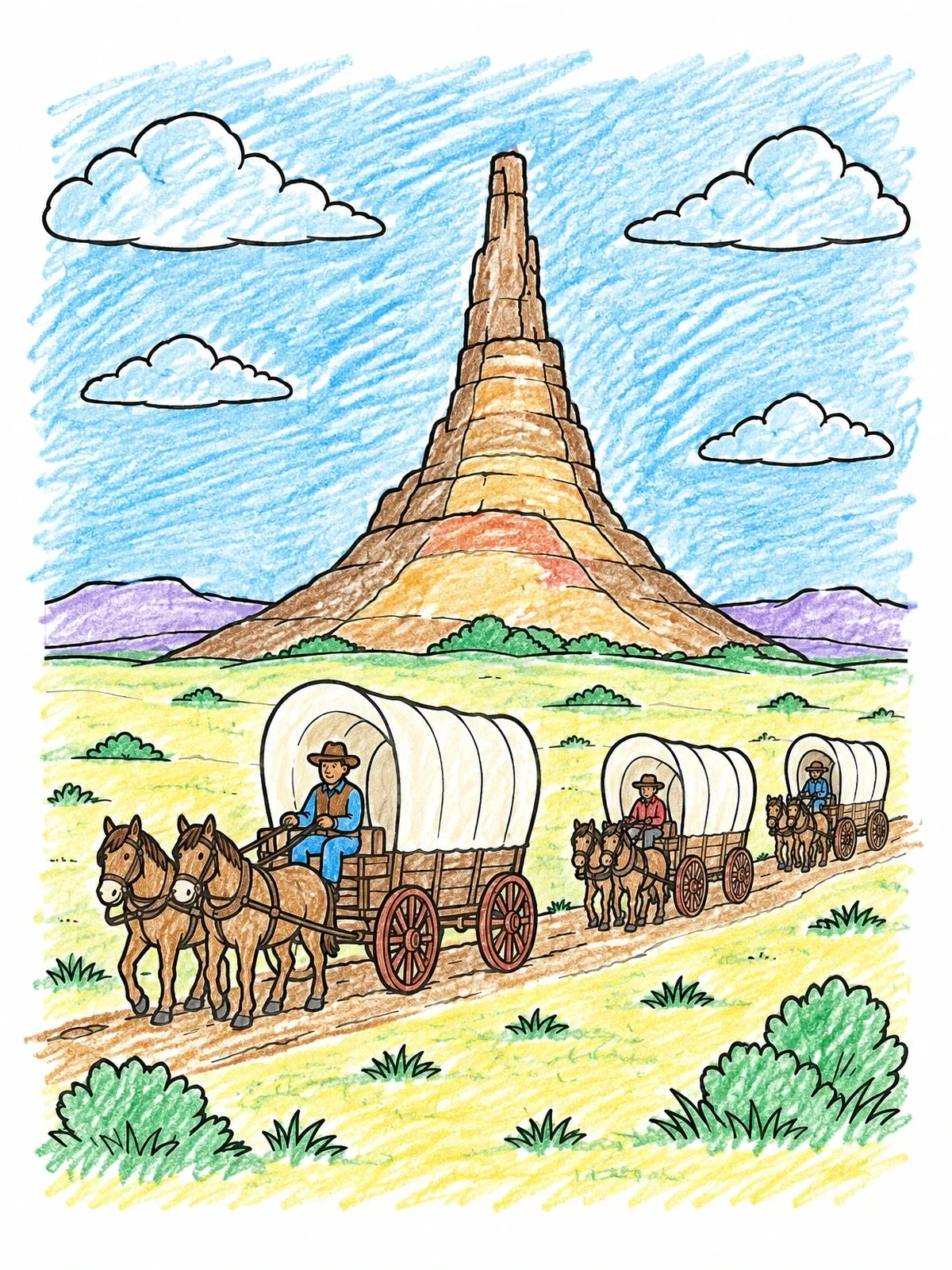 Colored example of the Covered Wagon Train By Chimney Rock coloring page
