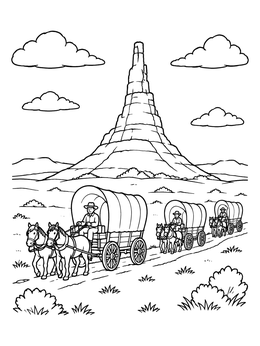 Free printable Covered Wagon Train By Chimney Rock coloring page