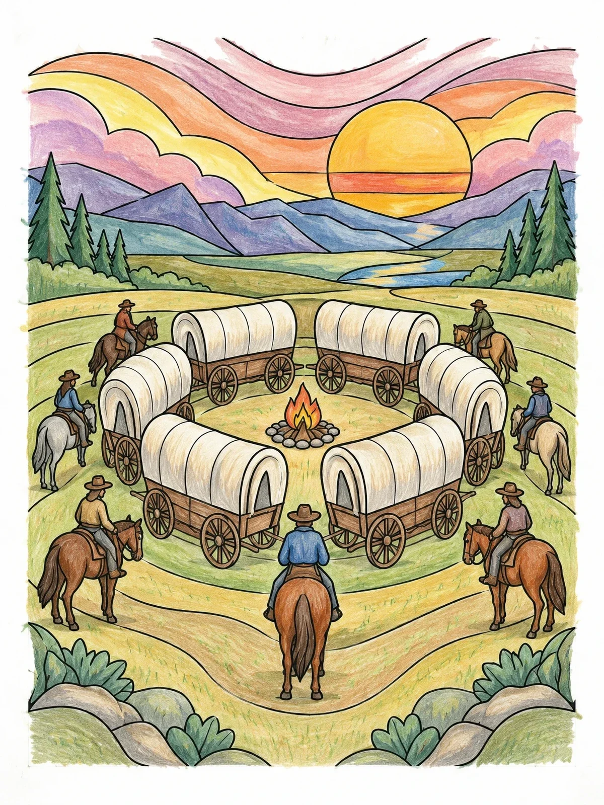 Colored example of the Covered Wagons Circled At Sunset coloring page