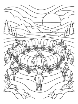 A peaceful oregon trail coloring page showing covered wagons circled around a campfire at sunset.