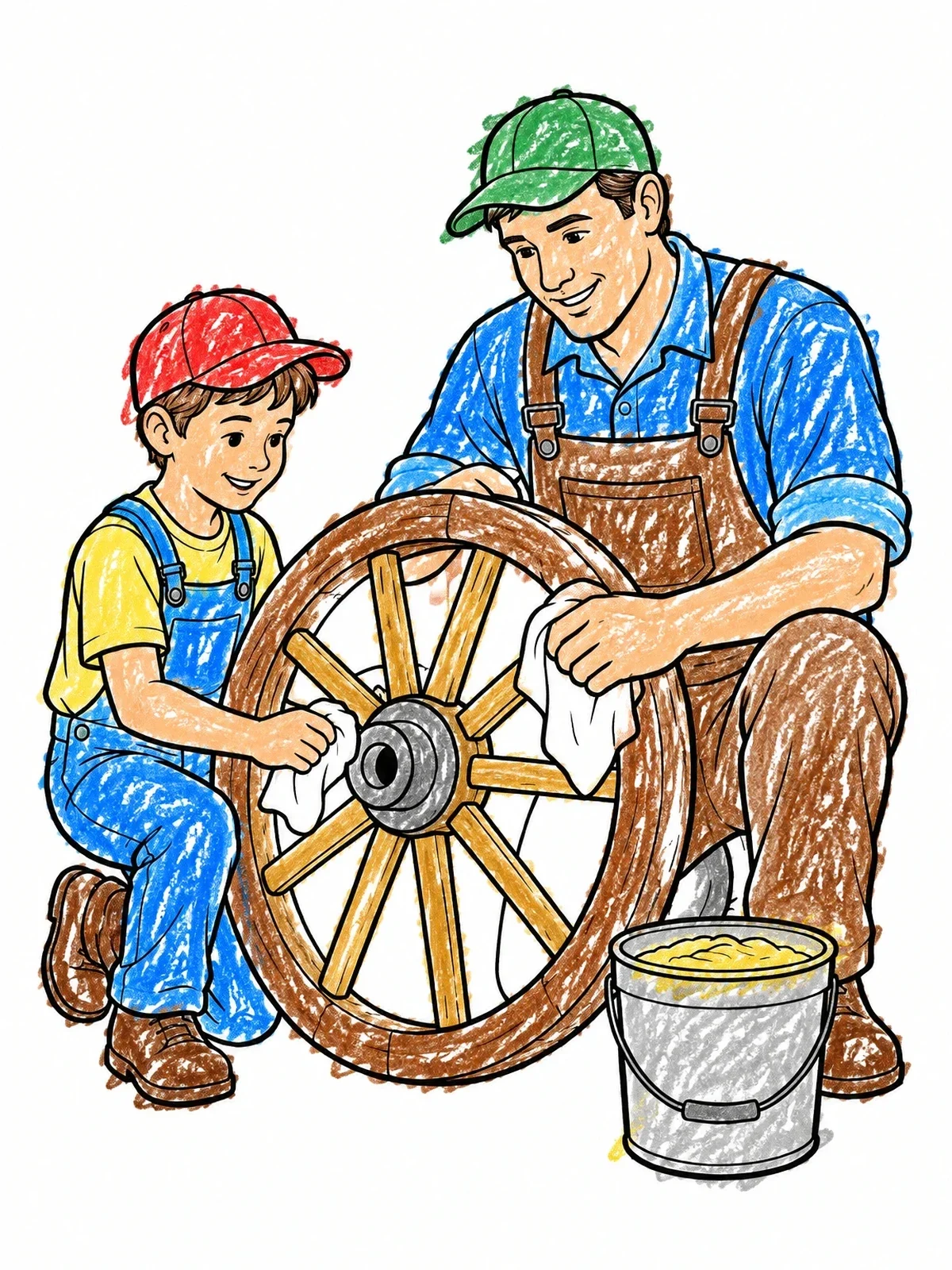 Colored example of the Father And Son Greasing Wagon Wheel coloring page