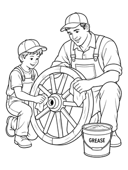 Father and son repairing a wooden wheel on this Oregon Trail coloring page.