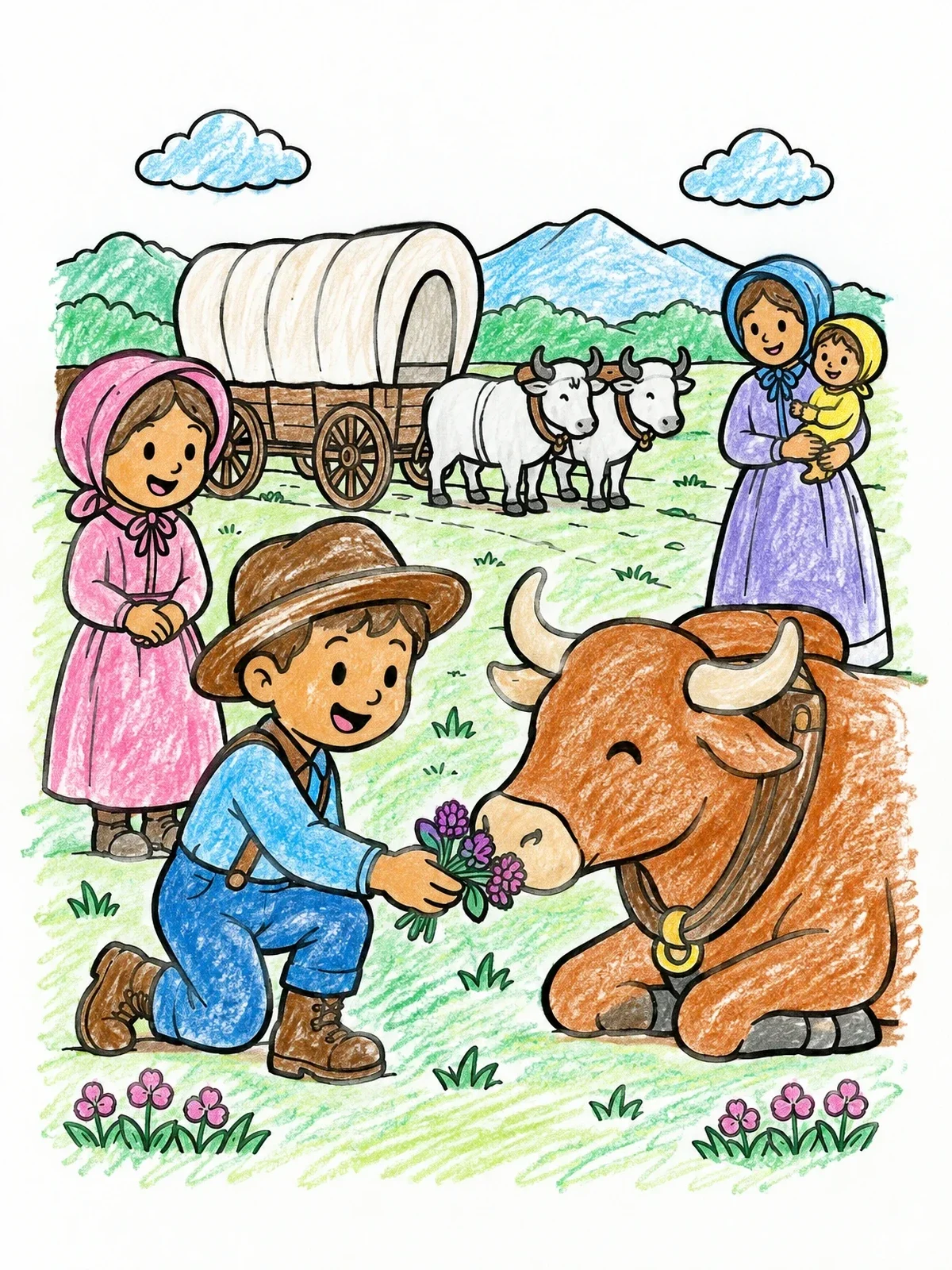 Colored example of the Pioneer Boy Feeding An Ox coloring page