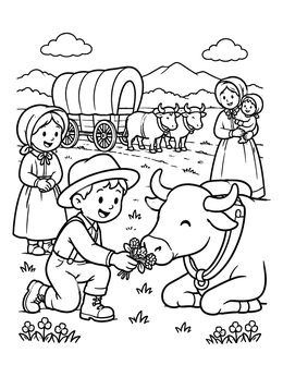 Free printable Pioneer Boy Feeding An Ox coloring page